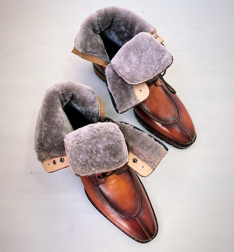 TucciPolo Mens handmade Luxury Italian leather Winter Burnished Split Toe Tan Fur Dress Boots