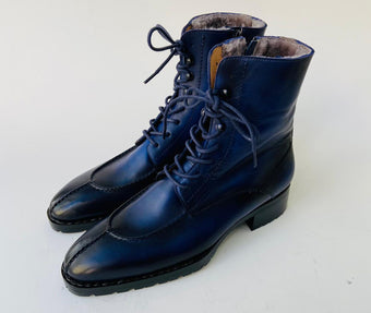 TucciPolo Mens handmade Luxury Italian leather Winter Navy Blue Split Toe Fur Dress Boots