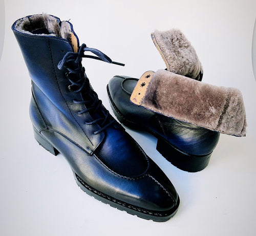 Buy TucciPolo Mens handmade Luxury Italian leather Winter Navy Blue Split Toe Fur Dress Boots