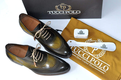 TucciPolo Mens Handmade Wingtip Oxford Style Brogues Green Luxury Shoe