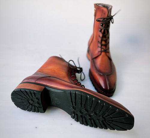 TucciPolo Mens handmade Luxury Italian leather Winter Burnished Split Toe Tan Fur Dress Boots