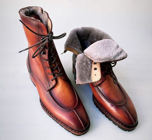TucciPolo Mens handmade Luxury Italian leather Winter Burnished Split Toe Tan Fur Dress Boots