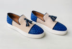 TucciPolo Limited Edition Mens Handcrafted Blue Weave and Beige Suede leather Tassel Slip on Loafer Sneaker