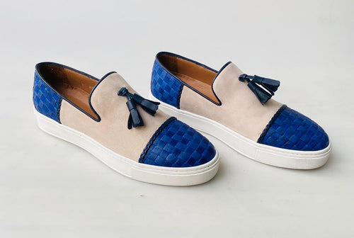 TucciPolo Limited Edition Mens Handcrafted Blue Weave and Beige Suede leather Tassel Slip on Loafer Sneaker