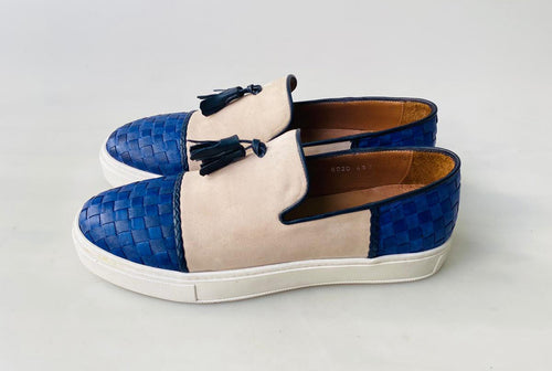 TucciPolo Limited Edition Mens Handcrafted Blue Weave and Beige Suede leather Tassel Slip on Loafer Sneaker