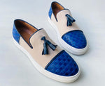 TucciPolo Limited Edition Mens Handcrafted Blue Weave and Beige Suede leather Tassel Slip on Loafer Sneaker