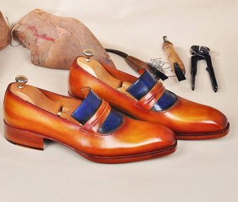 TucciPolo Handmade Leather Luxury Handpolished Tan & Blue Mens Loafers Shoe