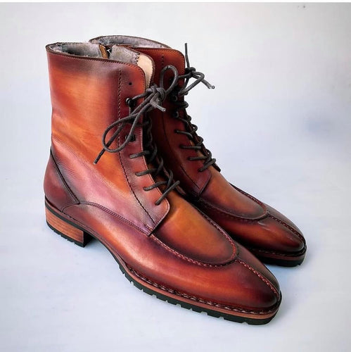 TucciPolo Mens handmade Luxury Italian leather Winter Burnished Split Toe Tan Fur Dress Boots