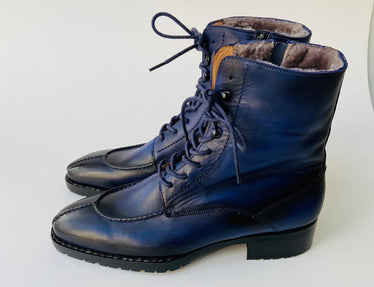 TucciPolo Mens handmade Luxury Italian leather Winter Navy Blue Split Toe Fur Dress Boots
