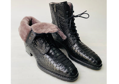 New TucciPolo Mens Winter Luxury Black Boots Handcrafted with Real Python Leather and Fur Lining