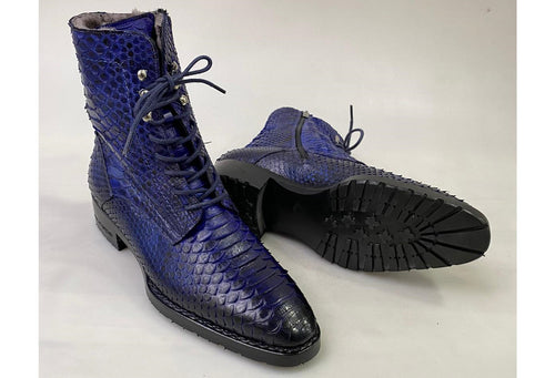 TucciPolo Mens Winter Luxury Blue Boots Handcrafted with Real Python Leather and Fur Lining