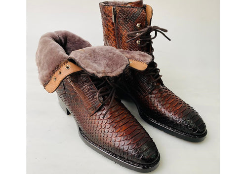 TucciPolo Mens Winter Luxury Brown Boots Handcrafted with Real Python Leather and Fur Lining