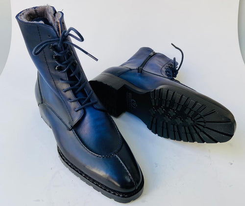 TucciPolo Mens handmade Luxury Italian leather Winter Navy Blue Split Toe Fur Dress Boots