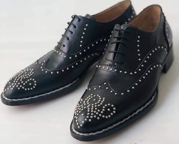 TucciPolo Limited Edition Mens Luxury Studded Black Brogue Italian Leather Handstitched Double Leather Sole Oxford Shoes
