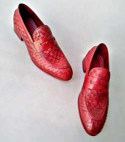 TucciPolo Digno-R Stylish Red Chequeboard Woven Calfskin Handmade Italian Leather Loafer Shoe