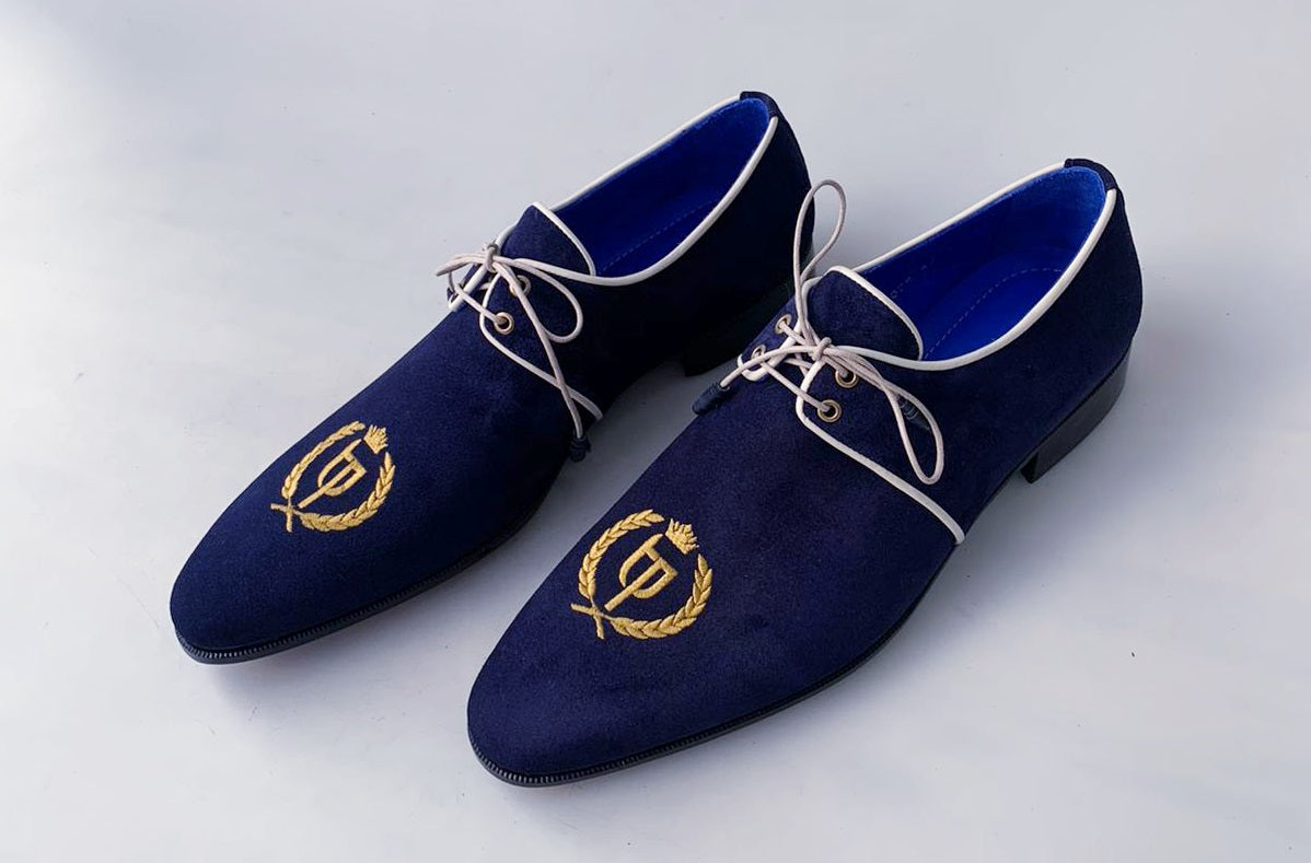 TucciPolo Exclusive Mens Italian Suede Handmade Luxury Navy Blue Lace-up Slippers