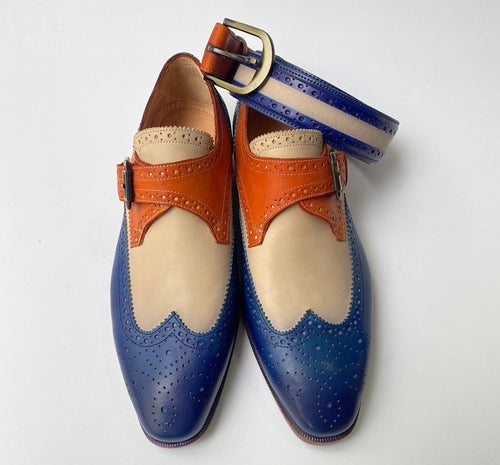 TucciPolo Handmade 3-Tone Brogue Luxury Italian all Leather Mens Dress Single Buckle Monkstrap Shoe with Matching Belt Combo