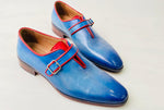TucciPolo Handmade Luxury Blue Monkstrap with Red Trim Mens Italian Leather Shoes