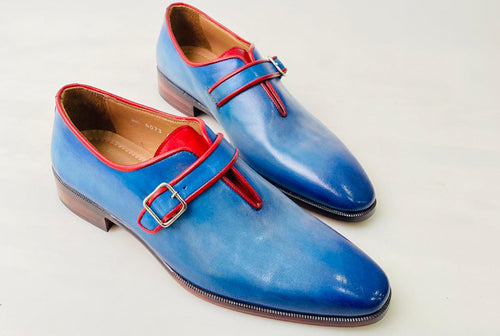 TucciPolo Handmade Luxury Blue Monkstrap with Red Trim Mens Italian Leather Shoes