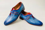 TucciPolo Handmade Luxury Blue Monkstrap with Red Trim Mens Italian Leather Shoes