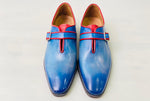 TucciPolo Handmade Luxury Blue Monkstrap with Red Trim Mens Italian Leather Shoes