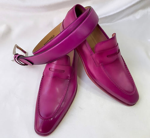 TucciPolo Luma Classic Elegant Purple Pink Italian Leather Mens Luxury Loafer Handmade Shoe with Matching Belt Combo