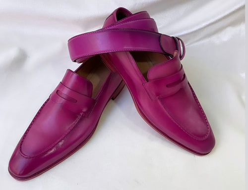 TucciPolo Luma Classic Elegant Purple Pink Italian Leather Mens Luxury Loafer Handmade Shoe with Matching Belt Combo