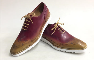 TucciPolo Mens Exclusive Handmade Italian Leather two tone Burgundy-Beige Oxford Style Casual Sneaker Dress Shoes