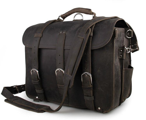 TucciPolo 7072J-1 Dark Grey Crazy Horse Leather Men's Briefcase Backpack Travel Bag