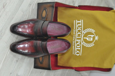 TucciPolo Alvaro Handmade Mens Burgundy Stylish Loafers Italian Leather Shoe