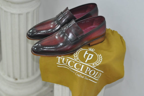 TucciPolo Alvaro Handmade Mens Burgundy Stylish Loafers Italian Leather Shoe