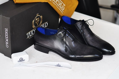 TucciPolo Black Oxford Mens Handcrafted Italian Leather Luxury Shoe with Leather Wrapped Laces