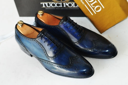 TucciPolo Bleached Blue Oxford Mens Handcrafted Leather Hand-Painted Luxury Shoe