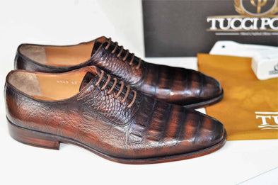 TucciPolo Crocodile Embossed Luxury Mens Handmade Oxford Brown Shoe