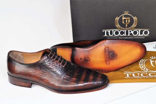 TucciPolo Crocodile Embossed Luxury Mens Handmade Oxford Brown Shoe