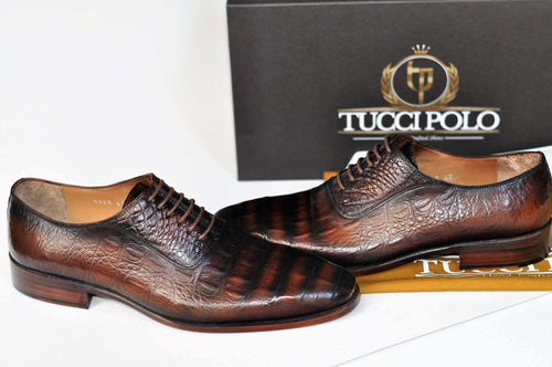 TucciPolo Crocodile Embossed Luxury Mens Handmade Oxford Brown Shoe