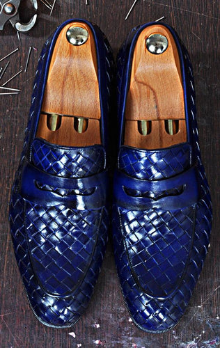 TucciPolo Digno-B Stylish Blue Chequeboard Woven Calfskin Handmade Italian Leather Loafer Shoe