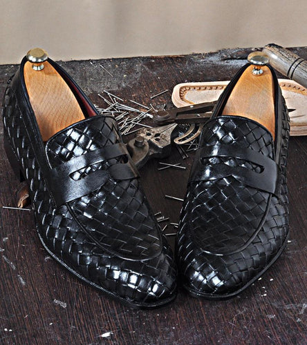 TucciPolo Digno-K Stylish Black Chequeboard Weave Calfskin Handmade Loafer Italian Leather Mens Shoe