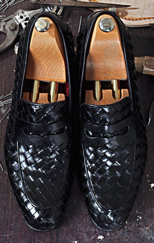 TucciPolo Digno-K Stylish Black Chequeboard Weave Calfskin Handmade Loafer Italian Leather Mens Shoe