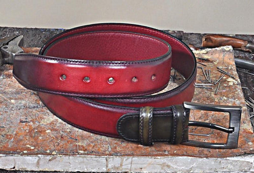 TucciPolo Italian Crast Calfskin Burgundy with Green Mens Belt