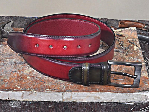 TucciPolo Italian Crast Calfskin Burgundy with Green Mens Belt