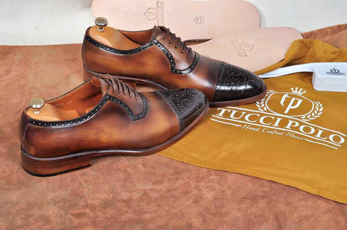 TucciPolo Handmade Brown Captoe Oxfords Mens Luxury Brogue Italian Leather Shoe