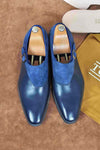 TucciPolo Handmade Single Buckle Monkstrap Mens Luxury Half Suede and Leather Royal Blue Shoe