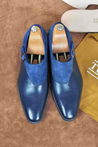 TucciPolo Handmade Single Buckle Monkstrap Mens Luxury Half Suede and Leather Royal Blue Shoe