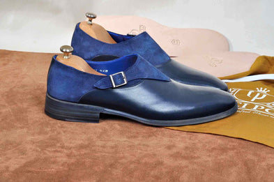 TucciPolo Handmade Single Buckle Monkstrap Mens Luxury Half Suede and Leather Royal Blue Shoe