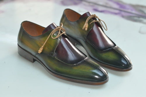 TucciPolo Handmade Two Tone Greenish Burgundy Mens Oxford Italian Leather Split Toe Luxury Shoe