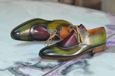 TucciPolo Handmade Two Tone Greenish Burgundy Mens Oxford Italian Leather Split Toe Luxury Shoe