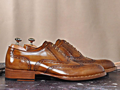 TucciPolo Men's Wingtip Oxford HandWelted Handmade Tobacco Italian Leather Luxury Dress Shoe