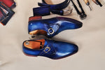 TucciPolo Men's Monkstrap HandPolished Bleached Blue Side Handsewn Twisted Leather Sole Luxury Shoe