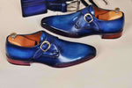 TucciPolo Men's Monkstrap HandPolished Bleached Blue Side Handsewn Twisted Leather Sole Luxury Shoe